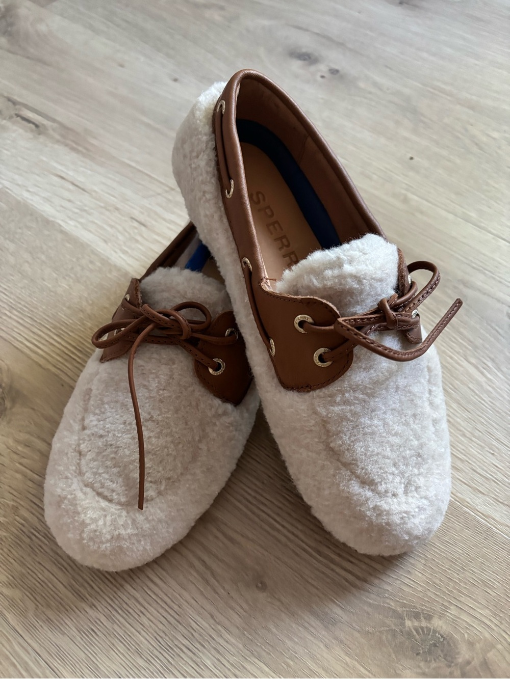Sperry Kids Cream Fuzzy Boat Shoes with Brown Trim and Laces